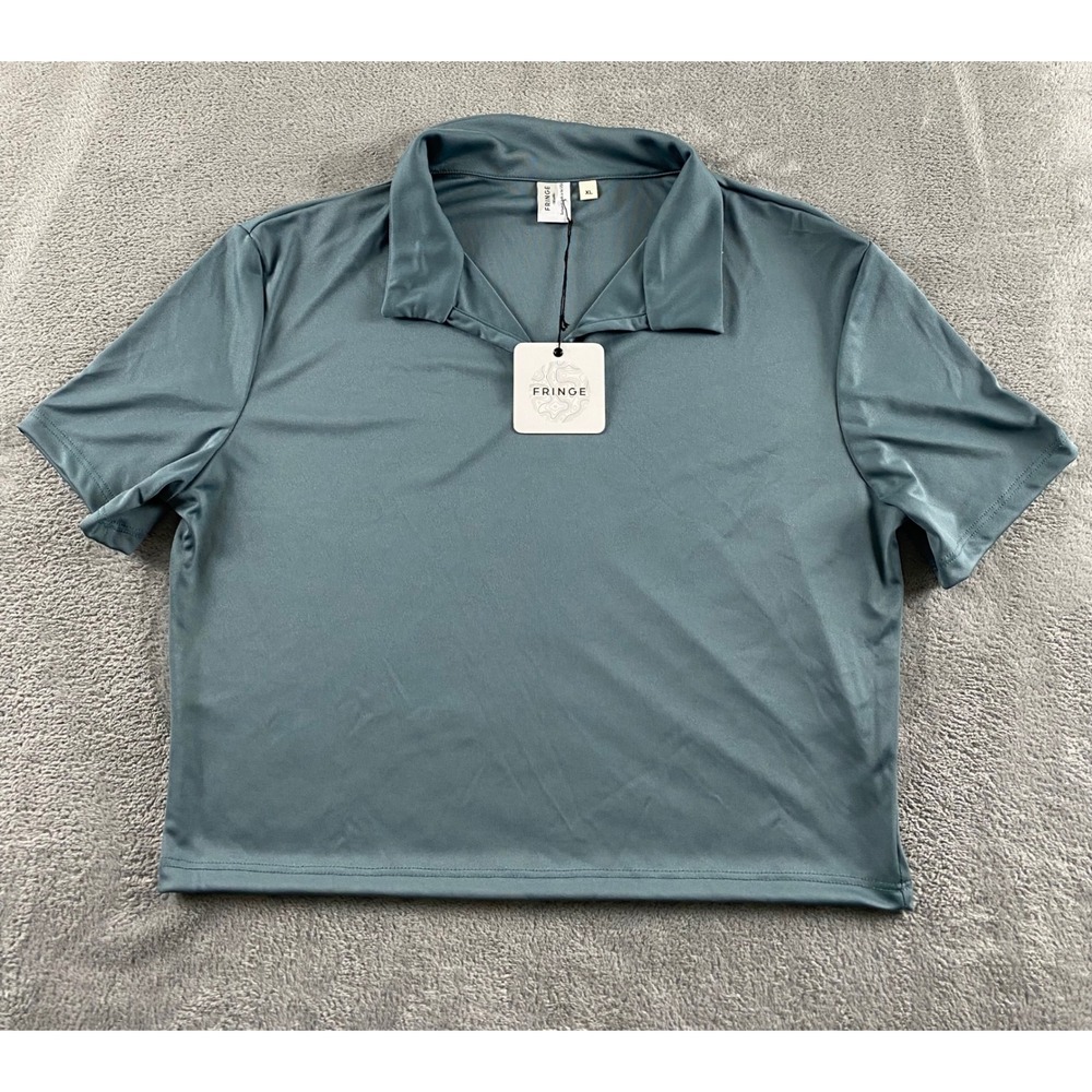 Fringe The Label Womens XL Golf Polo Shirt Teal Blue Cropped V-Neck Made in USA